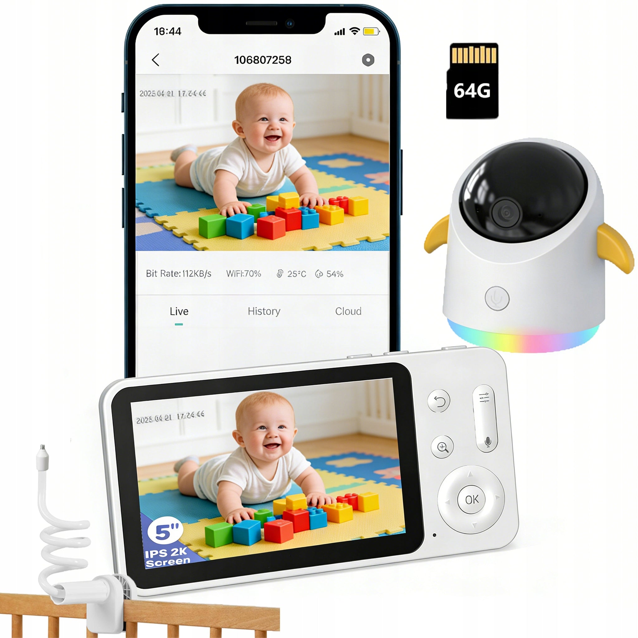 BABY MONITOR HOME WIFI CAMERA ROTATING 4x zoom, night light With 64GB