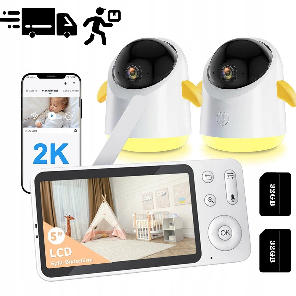 BABY MONITOR WITH 2pcs WIFI ROTATING CAMERA 2K 3MPx 5.0'' LCD 4x ZOOM