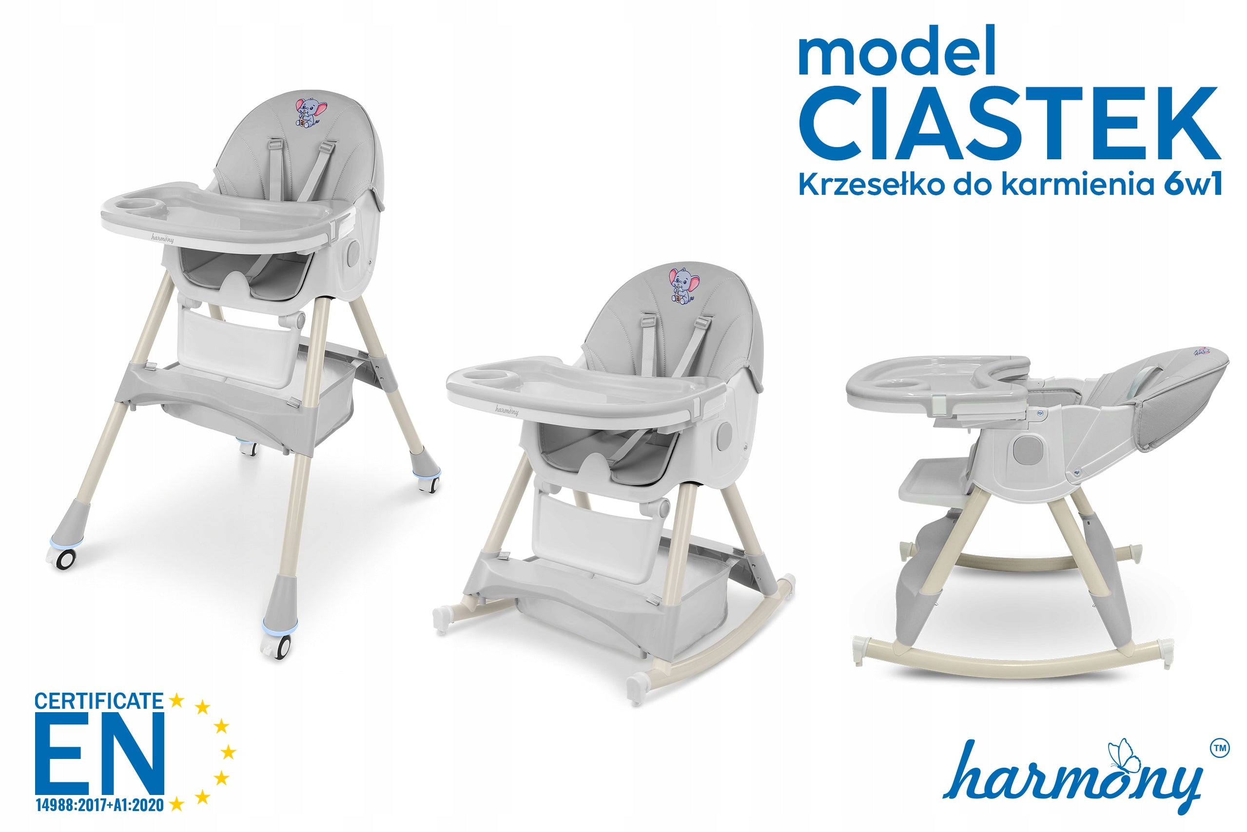 BABY ROCKER HIGHCHAIR 6IN1 ADJUSTABLE FOLDING GREY Color shades of gray and silver