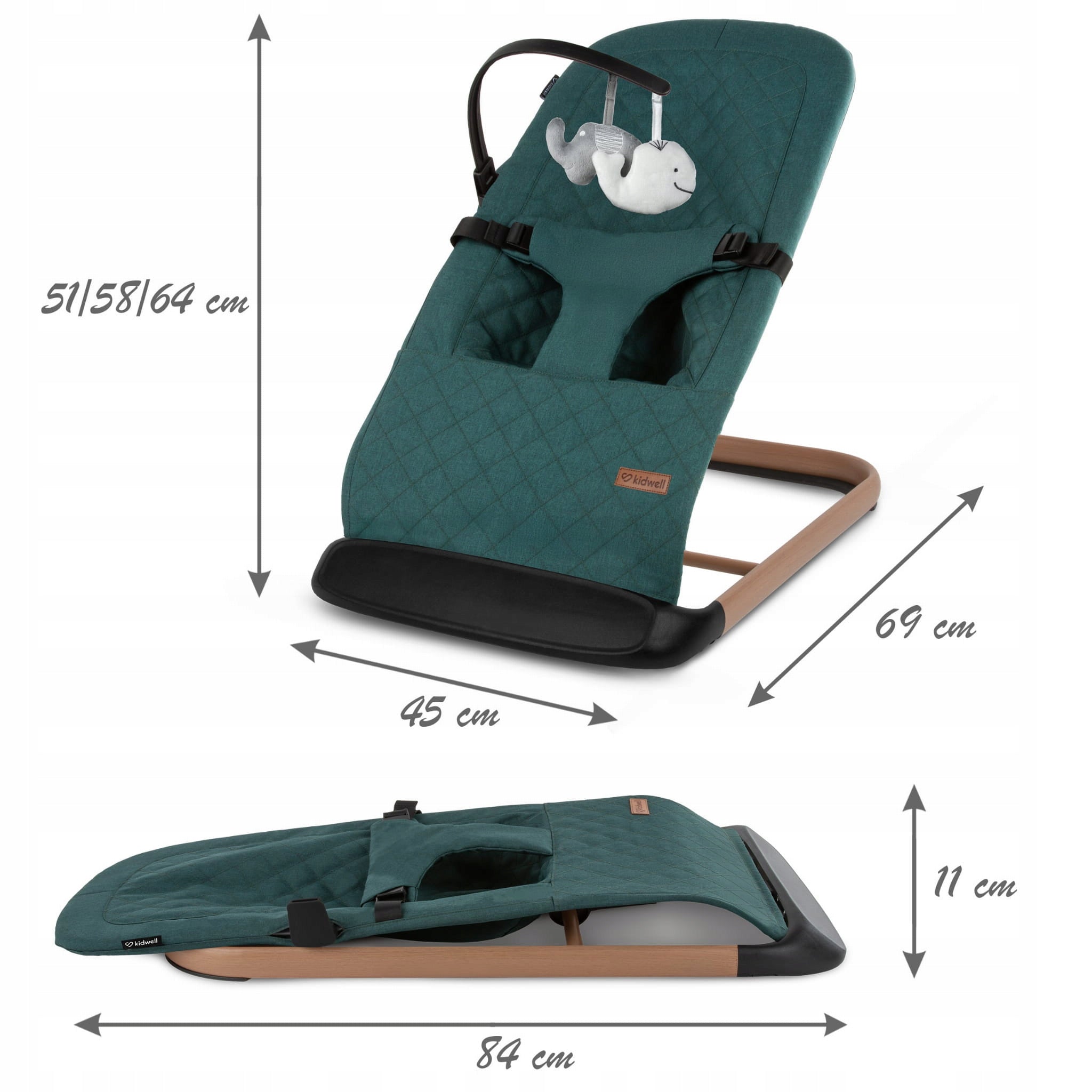 BABY ROCKER LOUNGER 2in1 KIDWELL LARO GREEN/WOODEN FOLDING Packaging status original