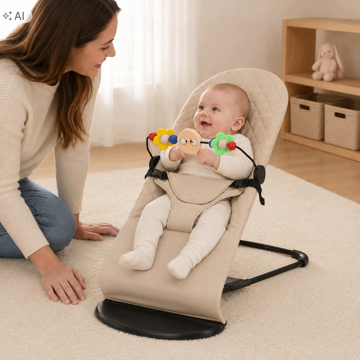 BABY ROCKER LOUNGER BEIGE + HEADBAND WITH TOYS ROCKER Manufacturer code LEŻACZEK BUJACZEK dla DZIECI NIEMOWLĄT BEŻOWY