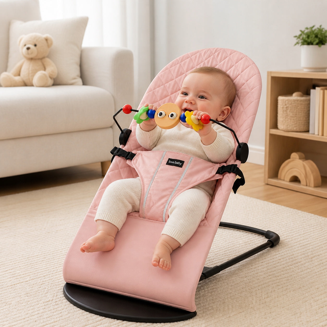 BABY ROCKER LOUNGER PINK + HEADBAND WITH TOYS GIFT Packaging status original
