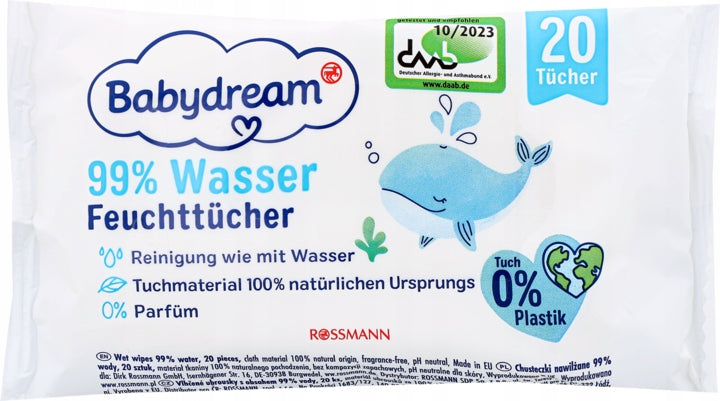 BABYDREAM NATURAL WET WIPES 99% WATER 20 pcs.