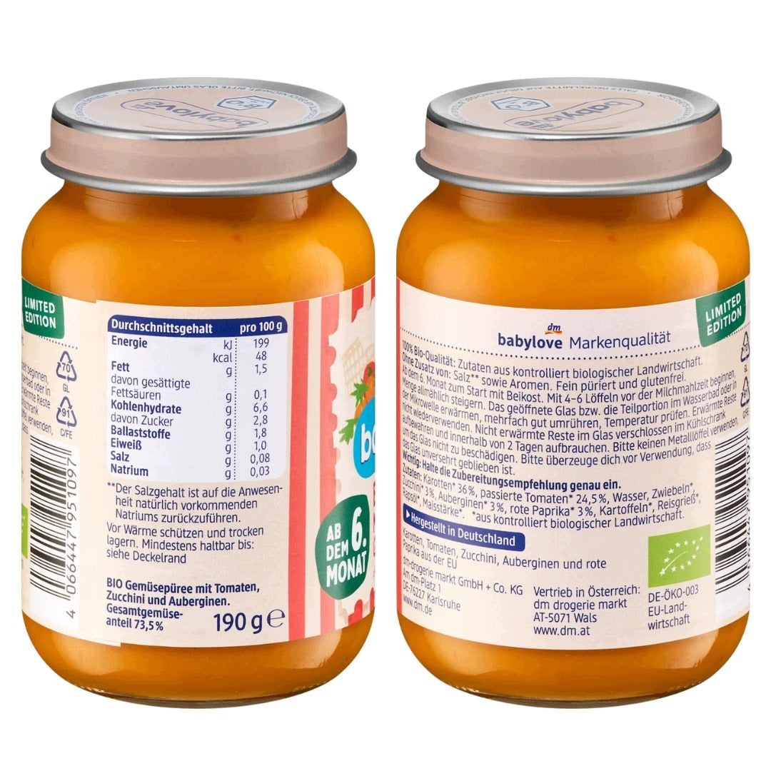 BABYLOVE BIO MEDITERRANEAN VEGETABLE DINNER WITH EGGPLANT 6m WITHOUT SALT Brand Babylove