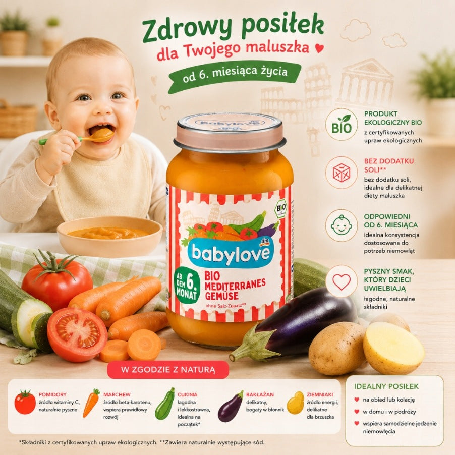 BABYLOVE BIO MEDITERRANEAN VEGETABLE DINNER WITH EGGPLANT 6m WITHOUT SALT Packaging status original