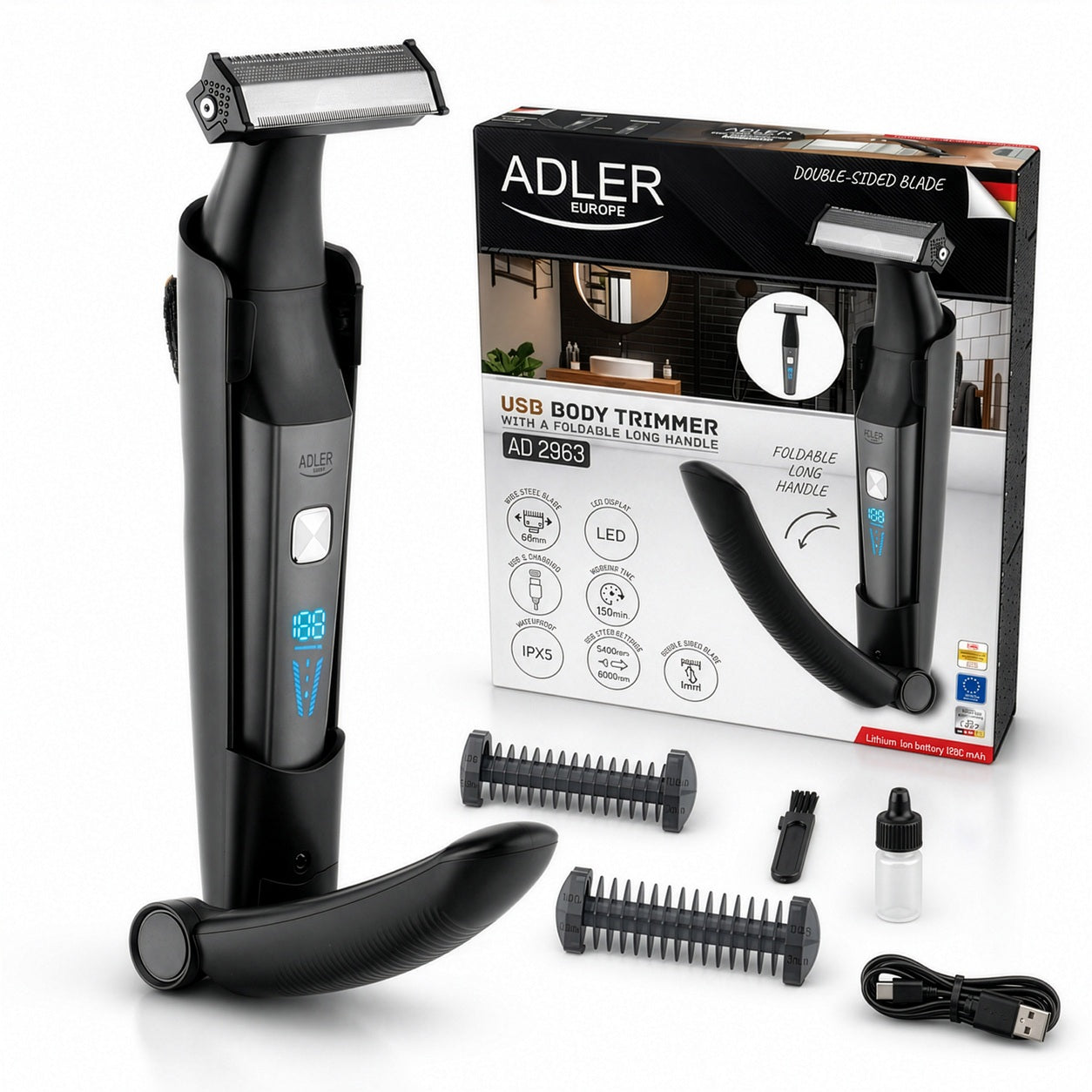 BACK BODY STUBBLE TRIMMER LONG HANDLE DRY WET WIRELESS LED