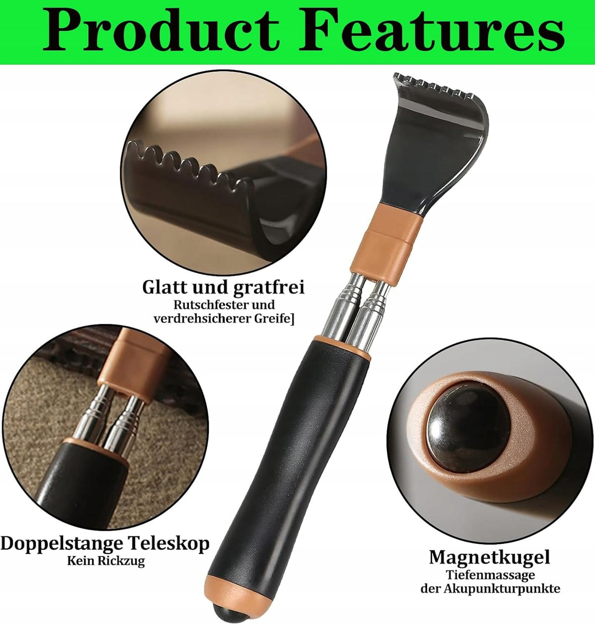 BACK SCRATCHER TELESCOPIC MAGNETIC MASSAGE 21-54CM STEEL Manufacturer code DRAPAK PLECÓW TELESKOPOWY MASAŻ MAGNETYC