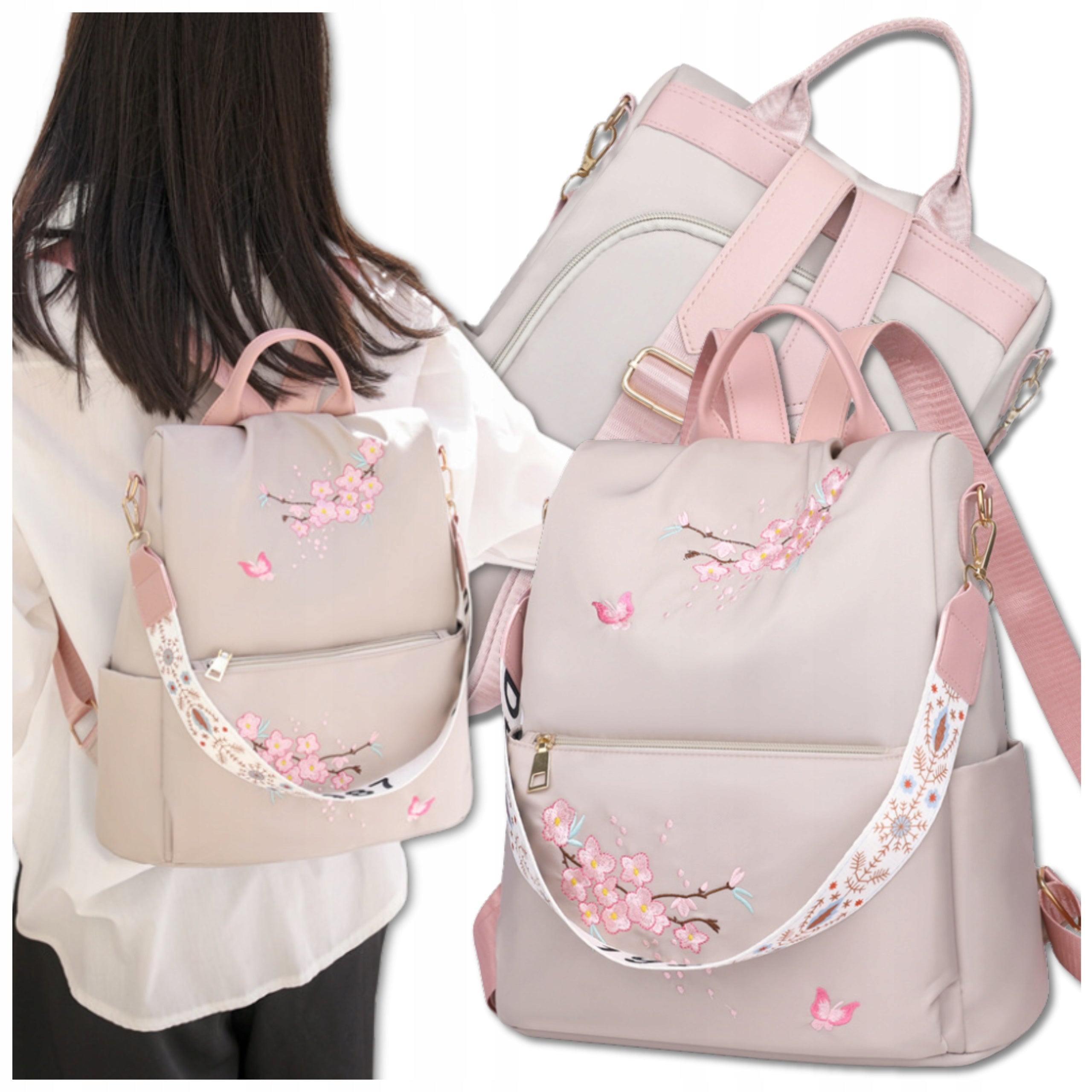 BACKPACK Beige CAPACIOUS WOMEN'S 2in1 Shoulder Bag Waterproof With Flowers Manufacturer code PLECAK MĘSKI DAMSKI DO PRACY SZKOŁY MIEJSKI