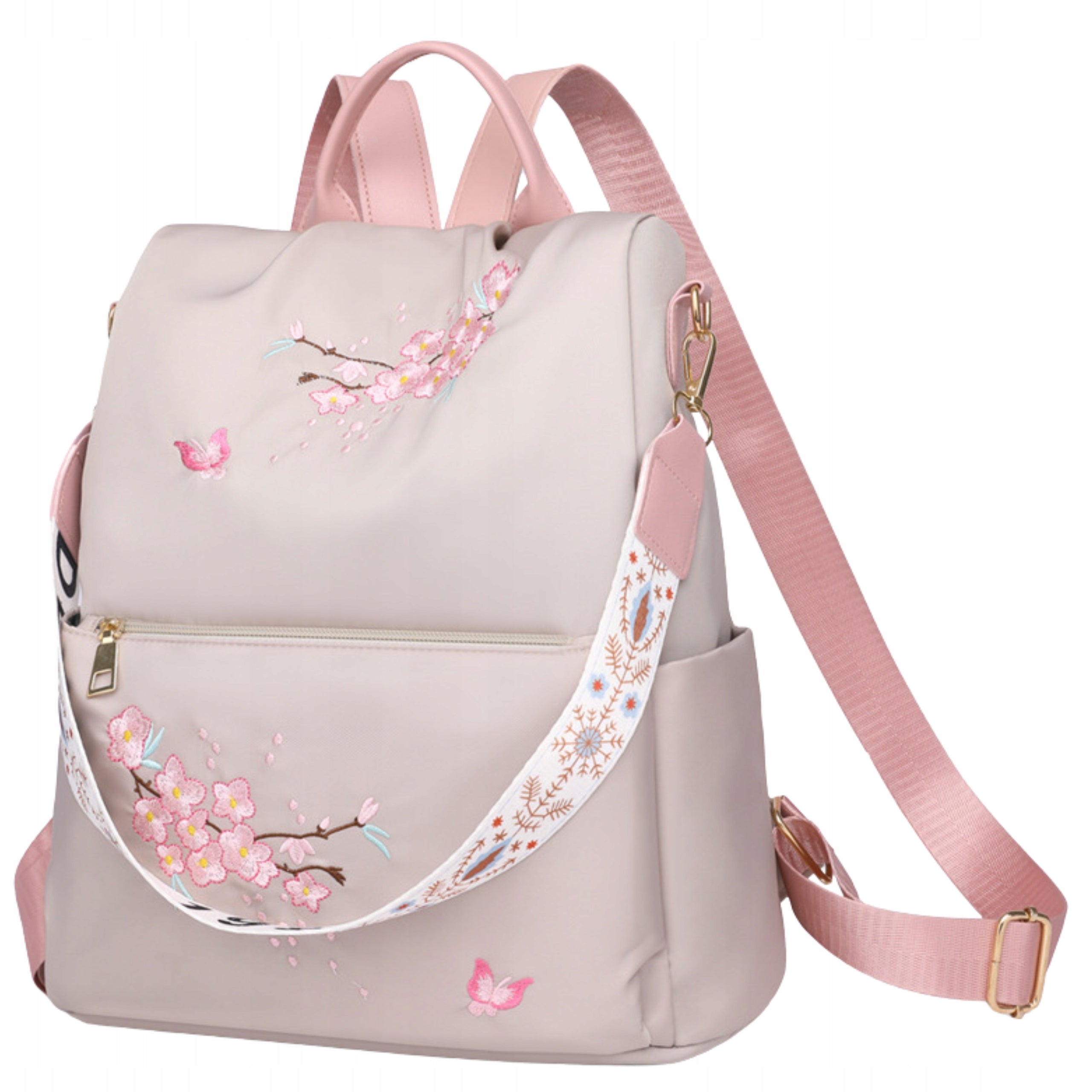 BACKPACK Beige CAPACIOUS WOMEN'S 2in1 Shoulder Bag Waterproof With Flowers