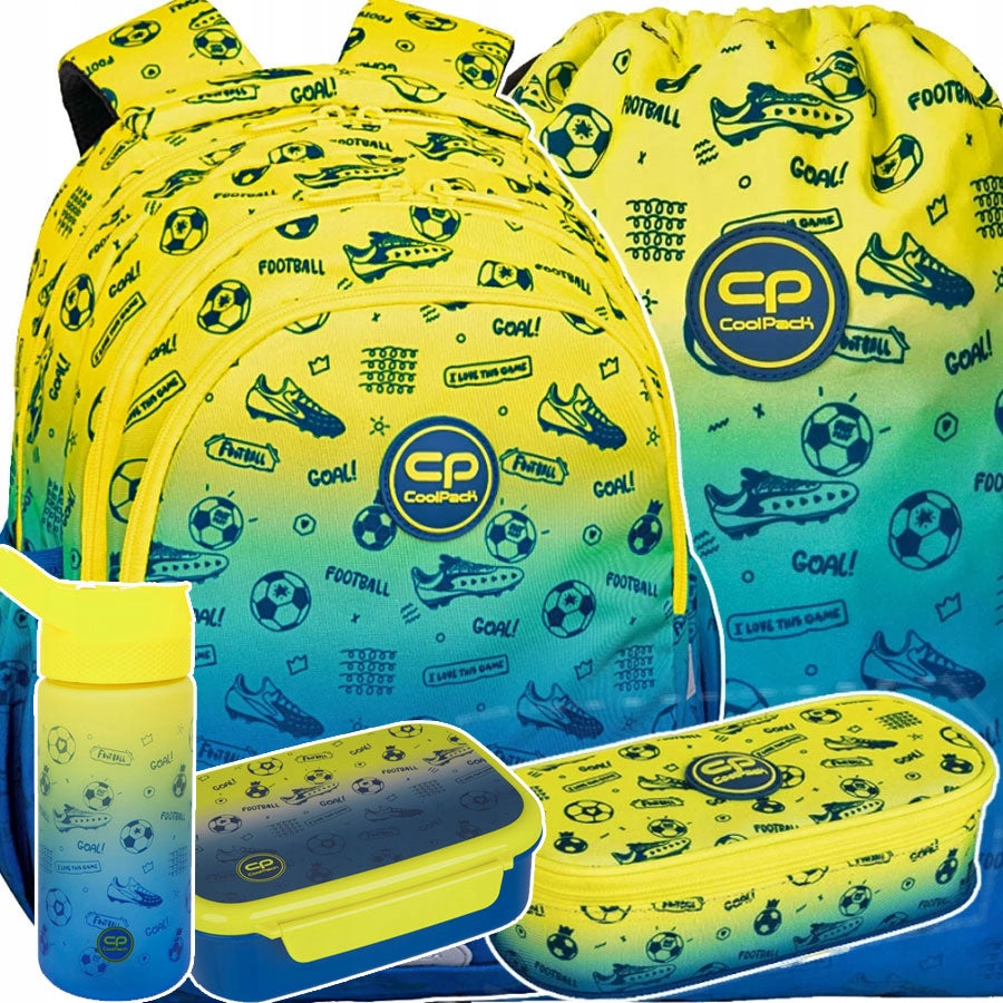 BACKPACK COOLPACK SCHOOL FOOTBALL BALL CLASS 13 SET WATER BOTTLE PENCIL CASE CP