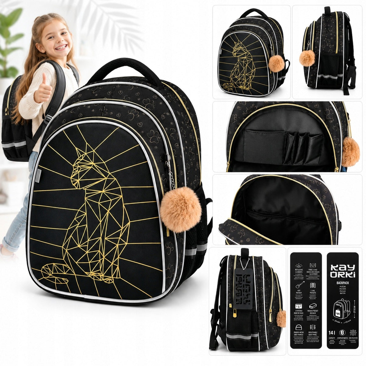 BACKPACK SATCHEL CLASS 1-3 KITTEN WATERPROOF REFLECTIVE FOR GIRLS