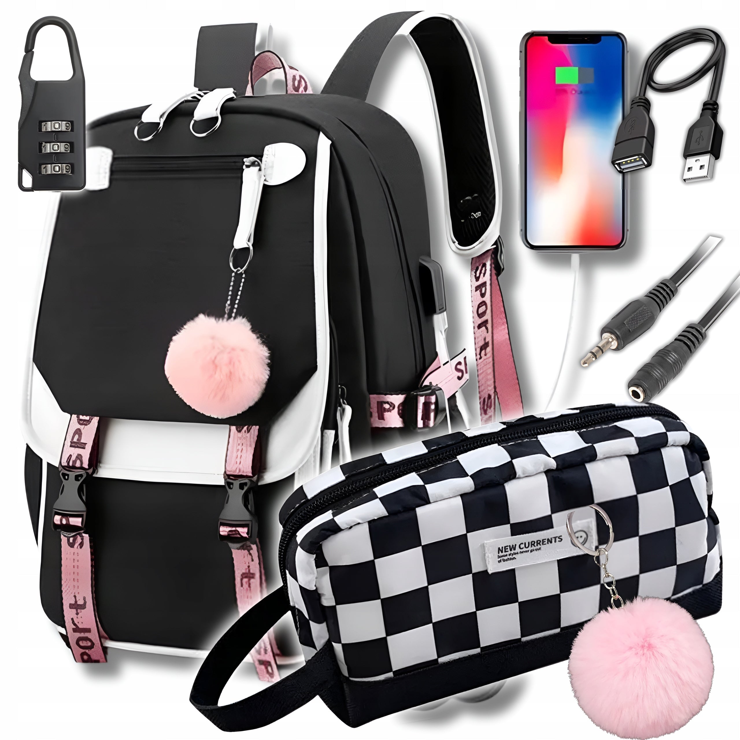 BACKPACK SATCHEL MULTI-CHAMBER SCHOOL YOUTH USB KEYCHAIN + pencil case 6in1