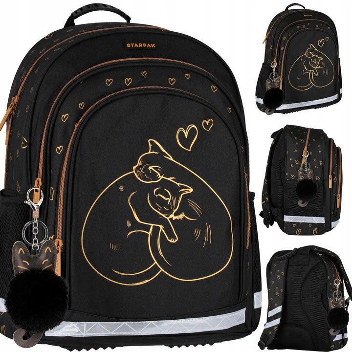 BACKPACK SCHOOL SATCHEL FOR GIRLS BLACK GOLD CAT KITTEN CLASS 1 3