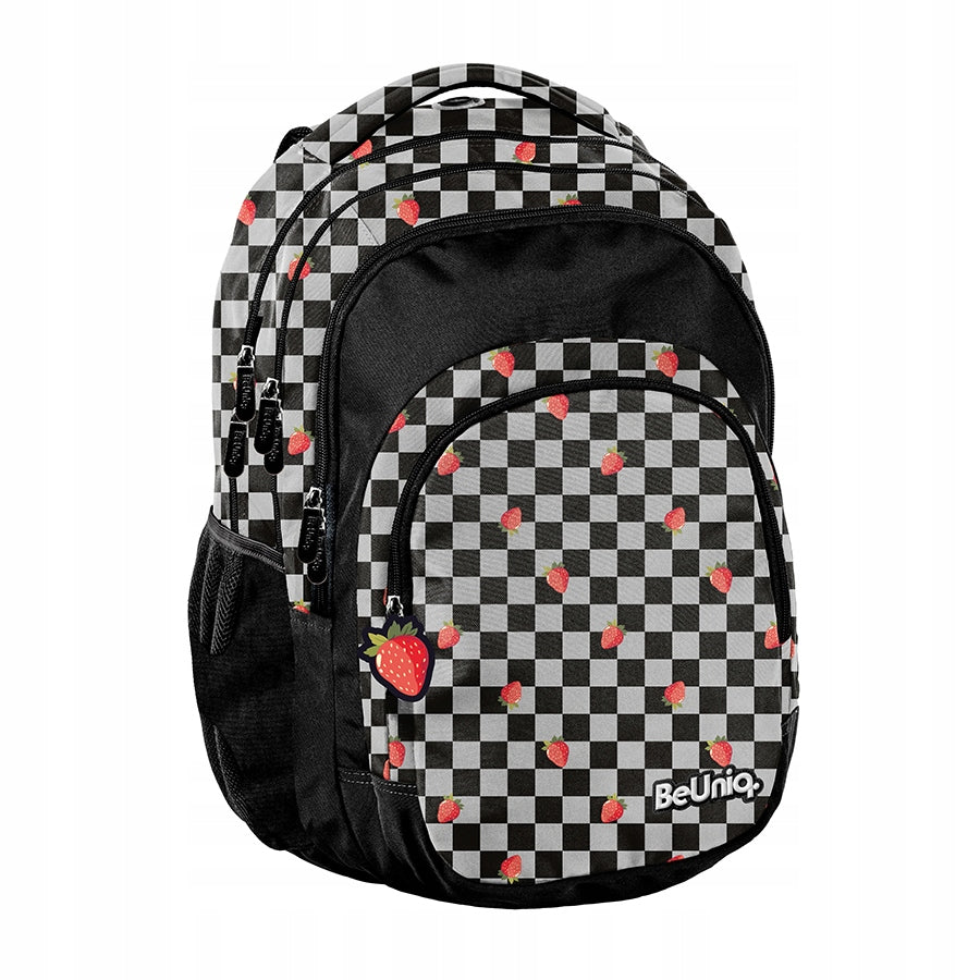 BACKPACK SCHOOL SATCHEL MULTI-CHAMBER BeUniq BLACK GRILLE STRAWBERRY
