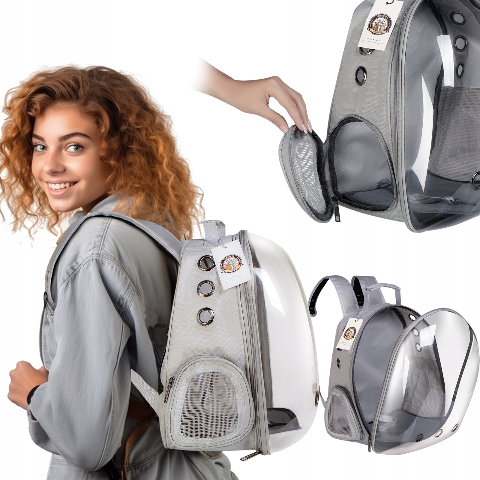 BACKPACK TRANSPORTER FOR DOG AND CAT GREY IDEAL FOR TRAVEL AND VETERINARIAN Brand Furrever Friends