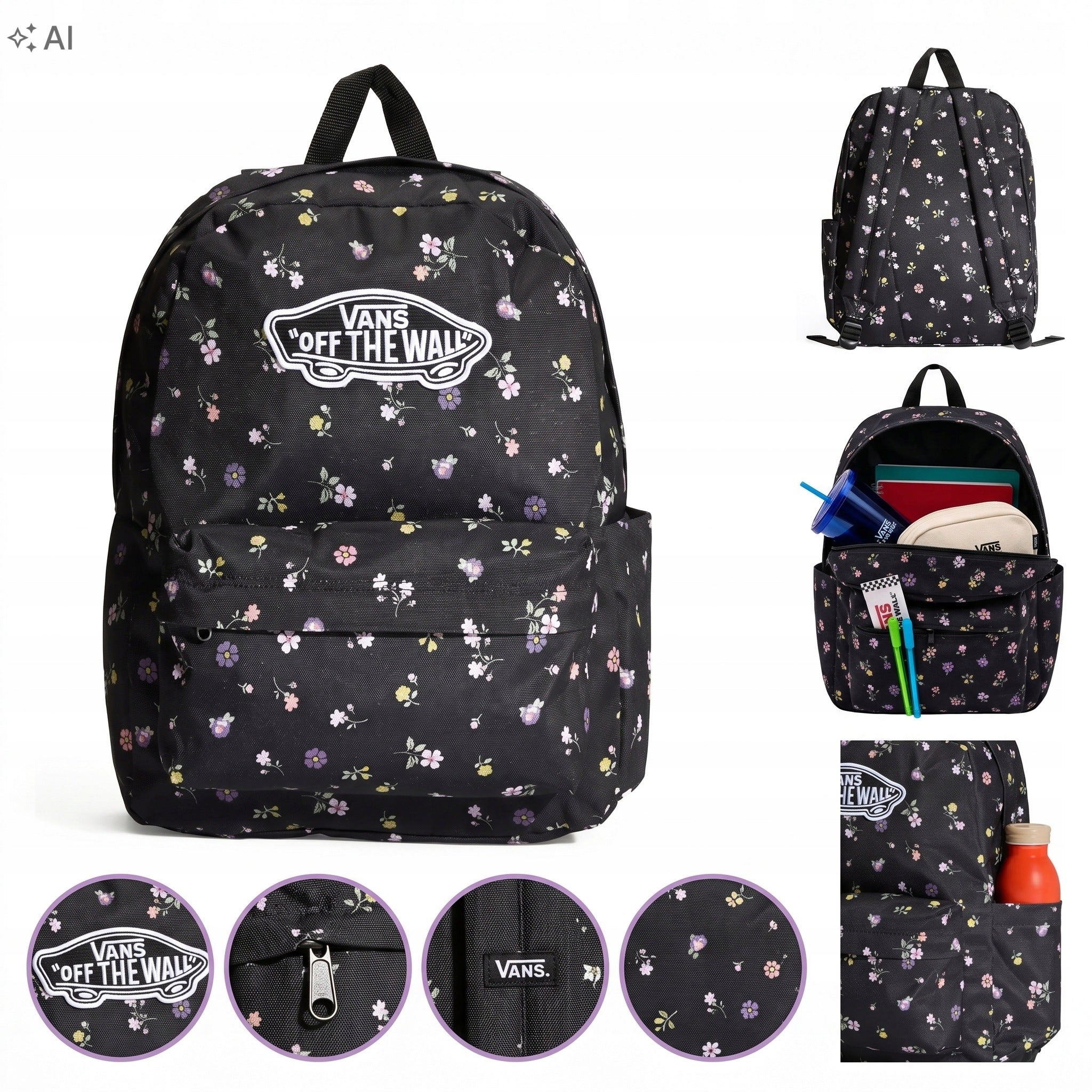 BACKPACK WITH FLOWERS VANS BLACK OFF THE WALL SCHOOL WITH FLOWERS MATTE FLORAL
