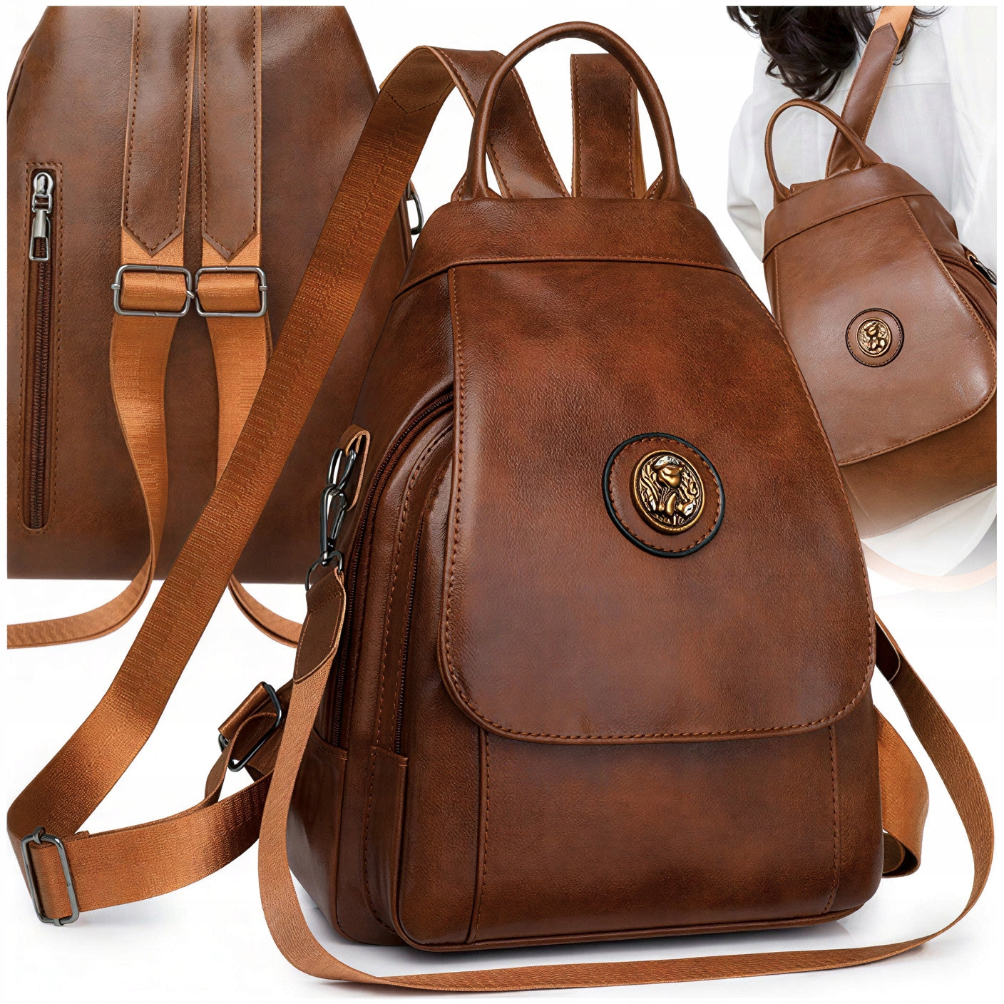 BACKPACK WOMEN'S BACKPACK BROWN ECO LEATHER URBAN ELEGANT ROOMY BELT