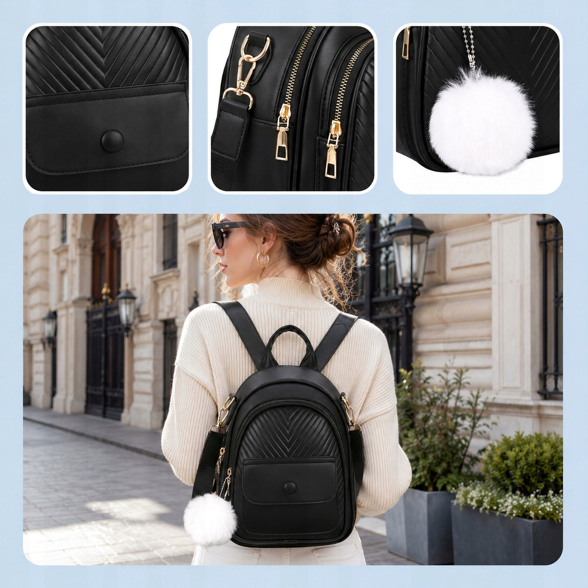 BACKPACK WOMEN'S BACKPACK FAUX LEATHER BAG BLACK FASHIONABLE Kind city