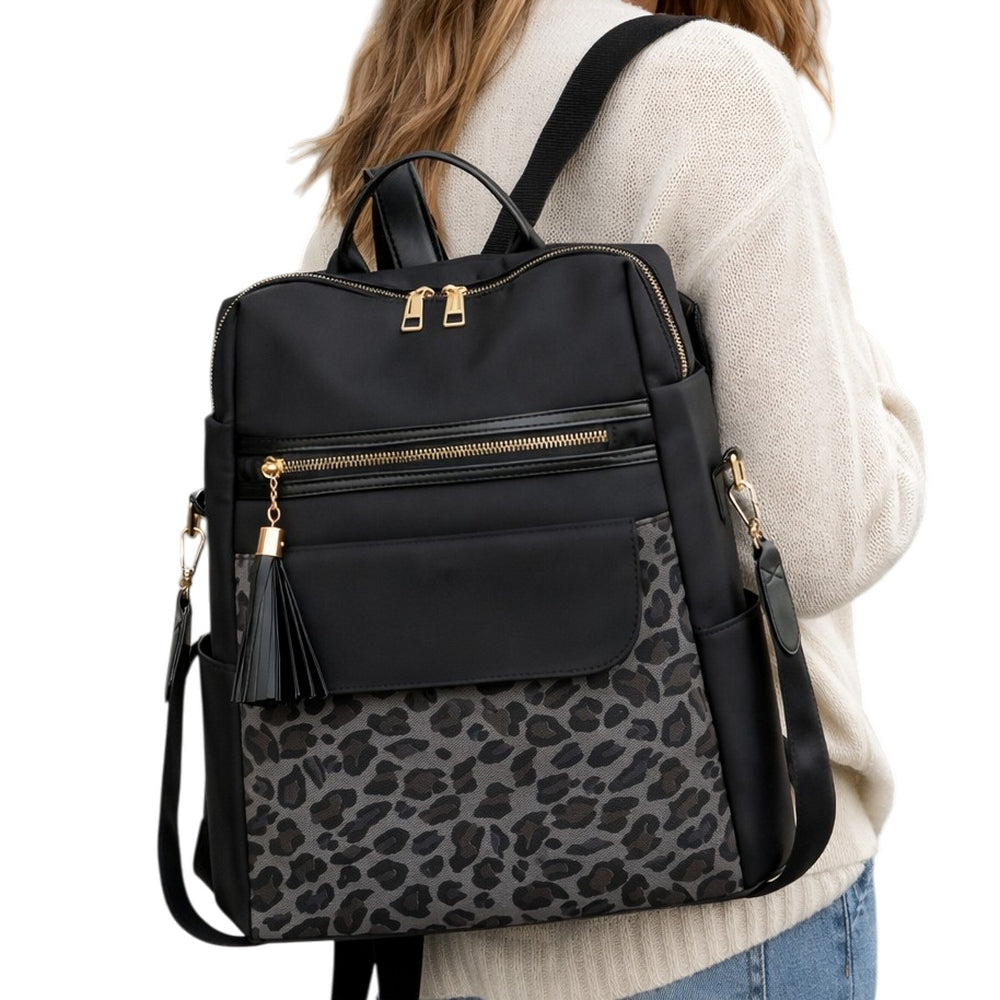 BACKPACK WOMEN'S BACKPACK SMALL BLACK LEOPARD PRINT FOR WORK ELEGANT ECO LEATHER