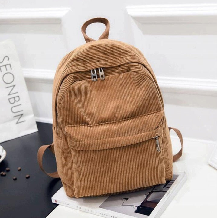 BACKPACK WOMEN'S URBAN BAG BROWN CORDUROY ELEGANT SMALL FASHIONABLE Packaging status original