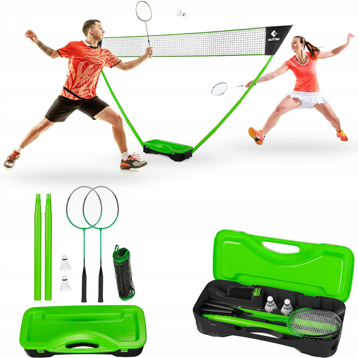BADMINTON SET 2IN1 RACKETS NET SHUTTLECOCKS IN SUITCASE FOLDING OUTTEC