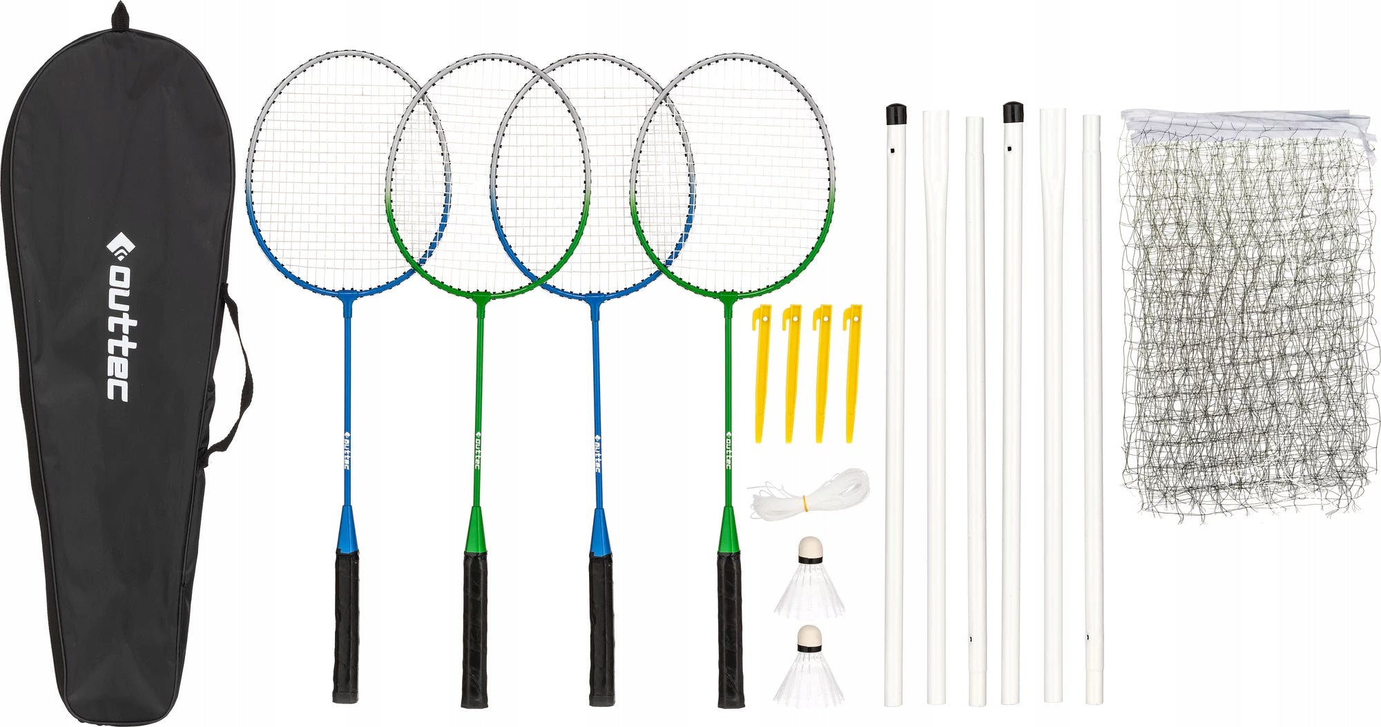 BADMINTON SET 4 RACKETS + NET + 2 SHUTTLECOCKS OUTTEC