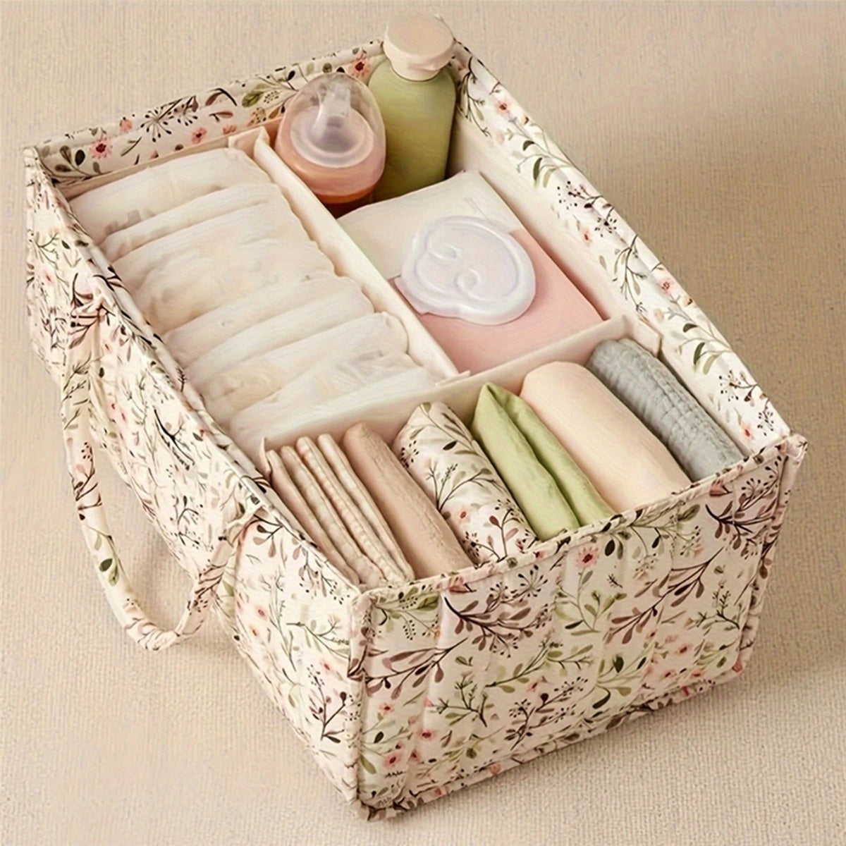 BAG ORGANIZER WITH SIDE HANDLES FOR DIAPER WIPES BEIGE FLORAL Brand Bedee