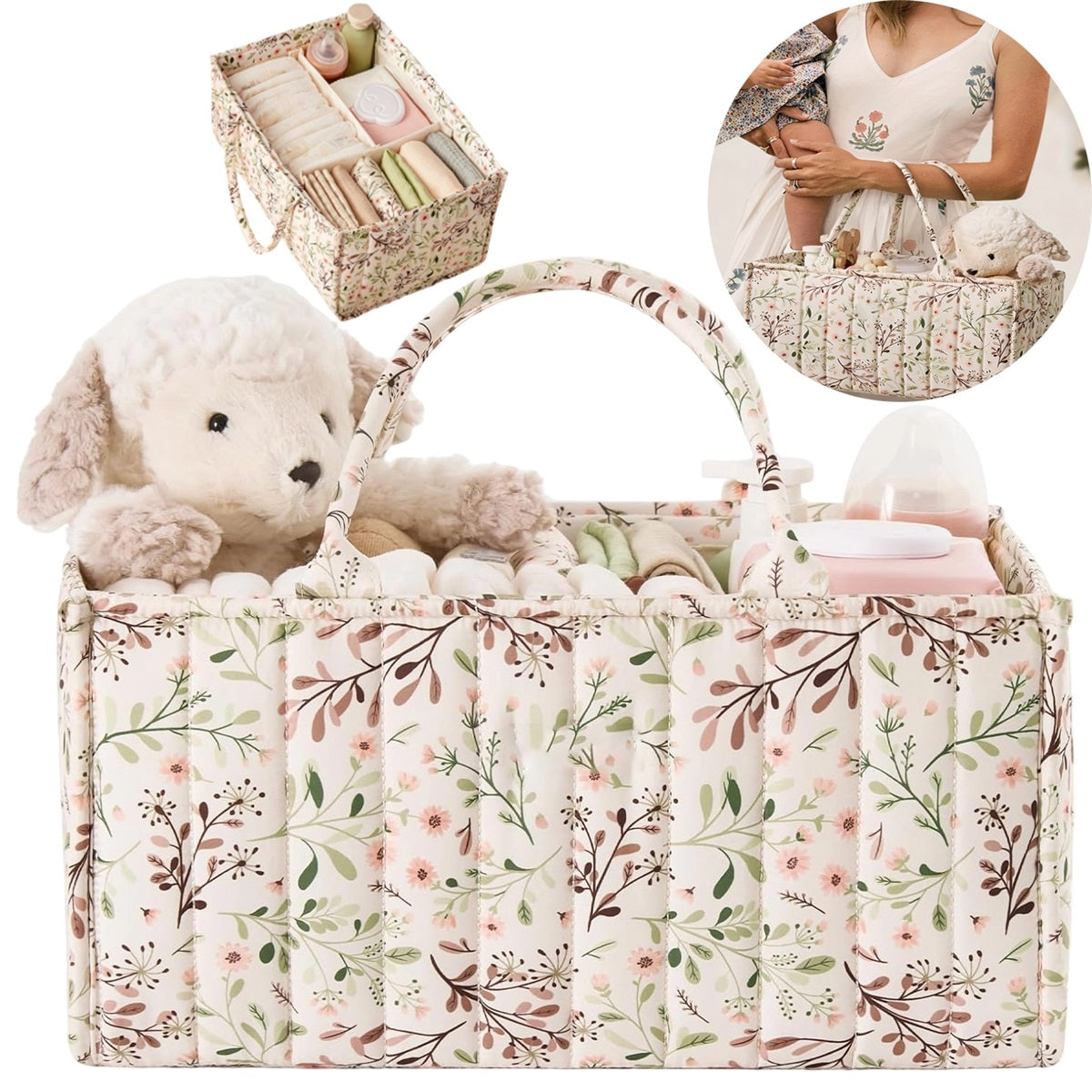 BAG ORGANIZER WITH SIDE HANDLES FOR DIAPER WIPES BEIGE FLORAL Packaging status original