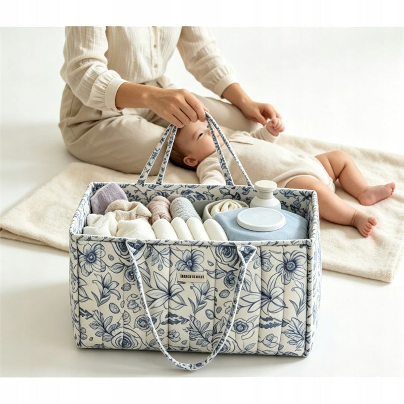 BAG QUILTED ORGANIZER FOR BABY WITH HANDLES BLUE FLOWERS