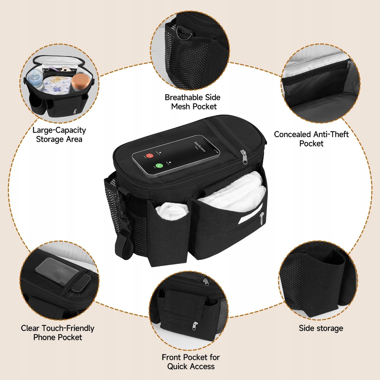 BAG STROLLER ORGANIZER LARGE FOR WALKING ACCESSORIES ROOMY FOR BOTTLE Brand no brand
