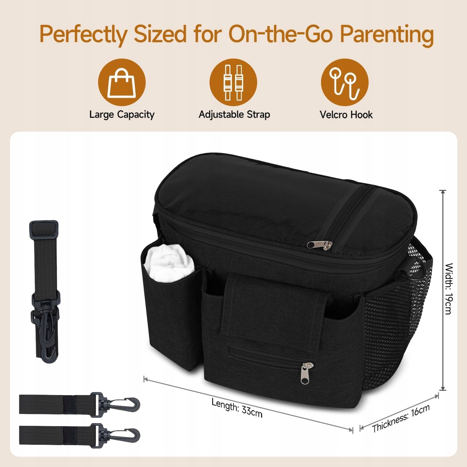 BAG STROLLER ORGANIZER LARGE FOR WALKING ACCESSORIES ROOMY FOR BOTTLE Manufacturer code TORBA DO WÓZKA ORGANIZER NA PIELUCHU TELEFON