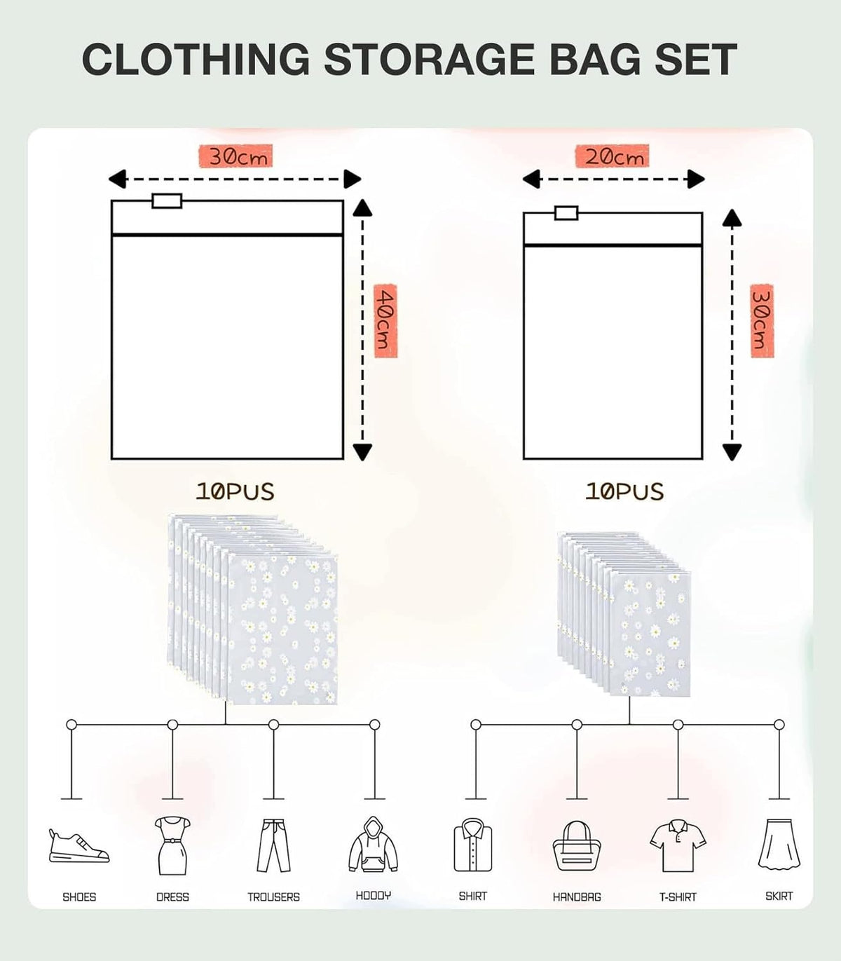 BAGS WITH ZIPPER 20 PIECES STORAGE CLOTHES MULTIPLE Color transparent