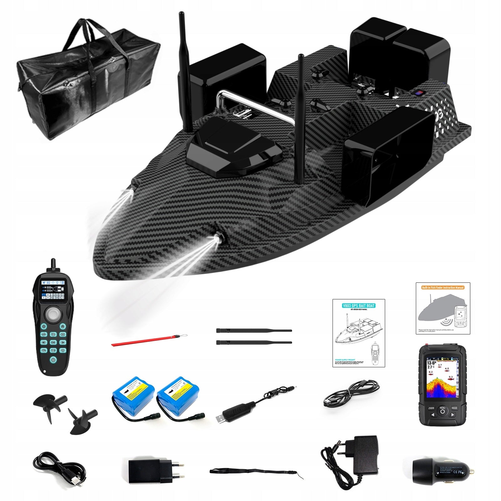 BAIT BOAT FLYTEC V803 PRO 4X FEEDERS 2XAKU 18000mAh GPS SONAR