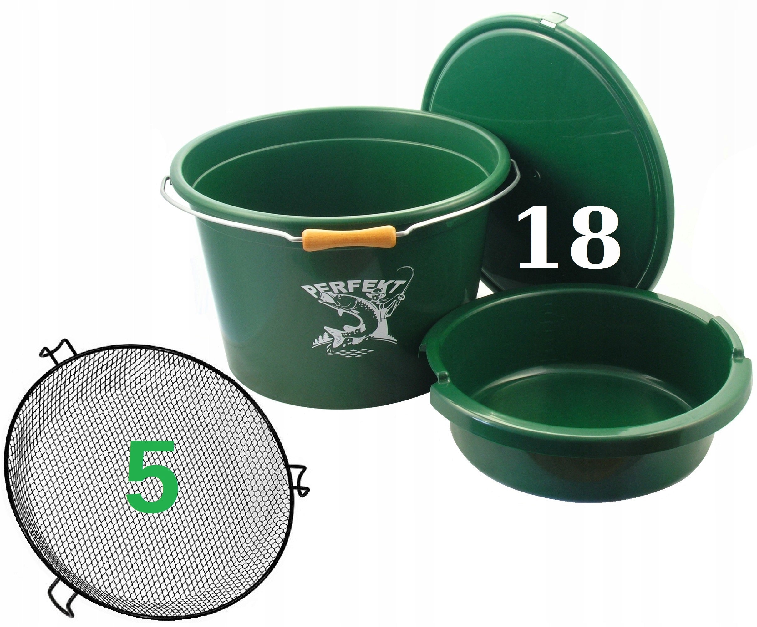 BAIT BUCKET WITH MEASURING CUP PERFEKT 18L + BOWL 5L + LID + SIEVE 5