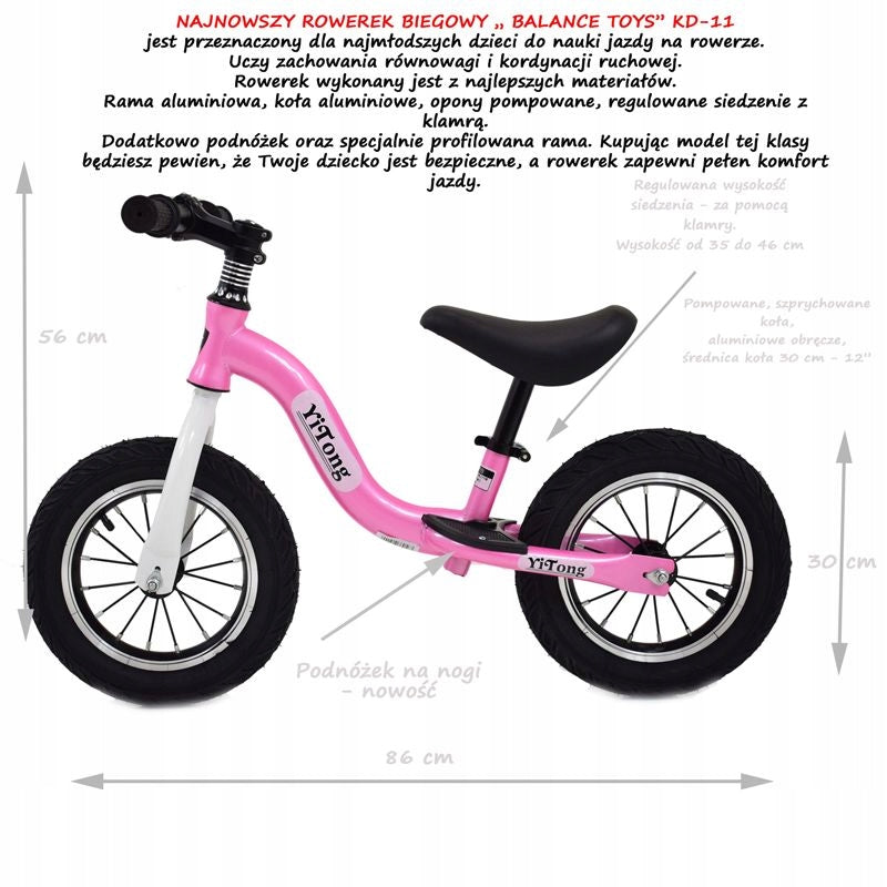 BALANCE BIKE 12" ALUMINIUM FRAME, ALUMINIUM WHEELS, FOOTREST/KD-11 Model KD-11-RÓŻOWY