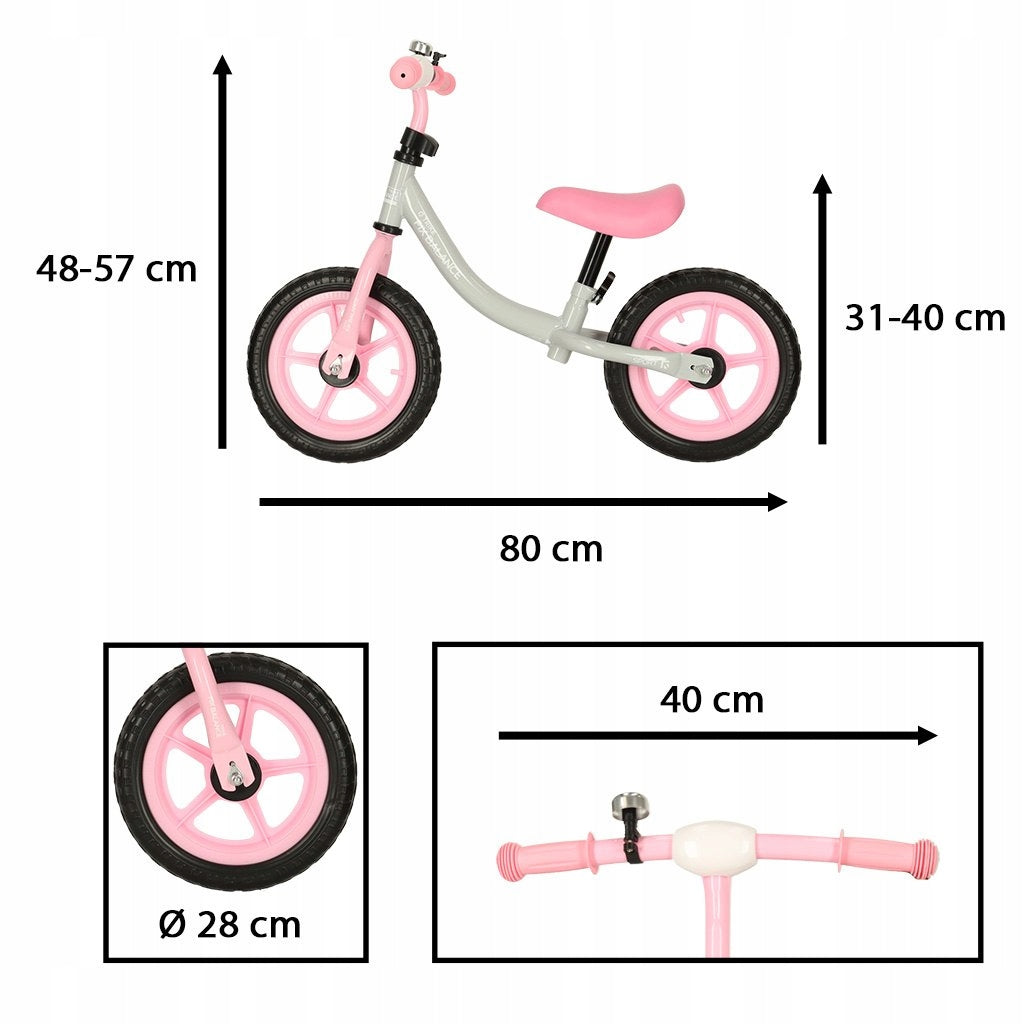 BALANCE BIKE TWO-WHEELED PINK 2-4 YEARS FOAM WHEELS ADJUSTMENT Height 80–108 cm