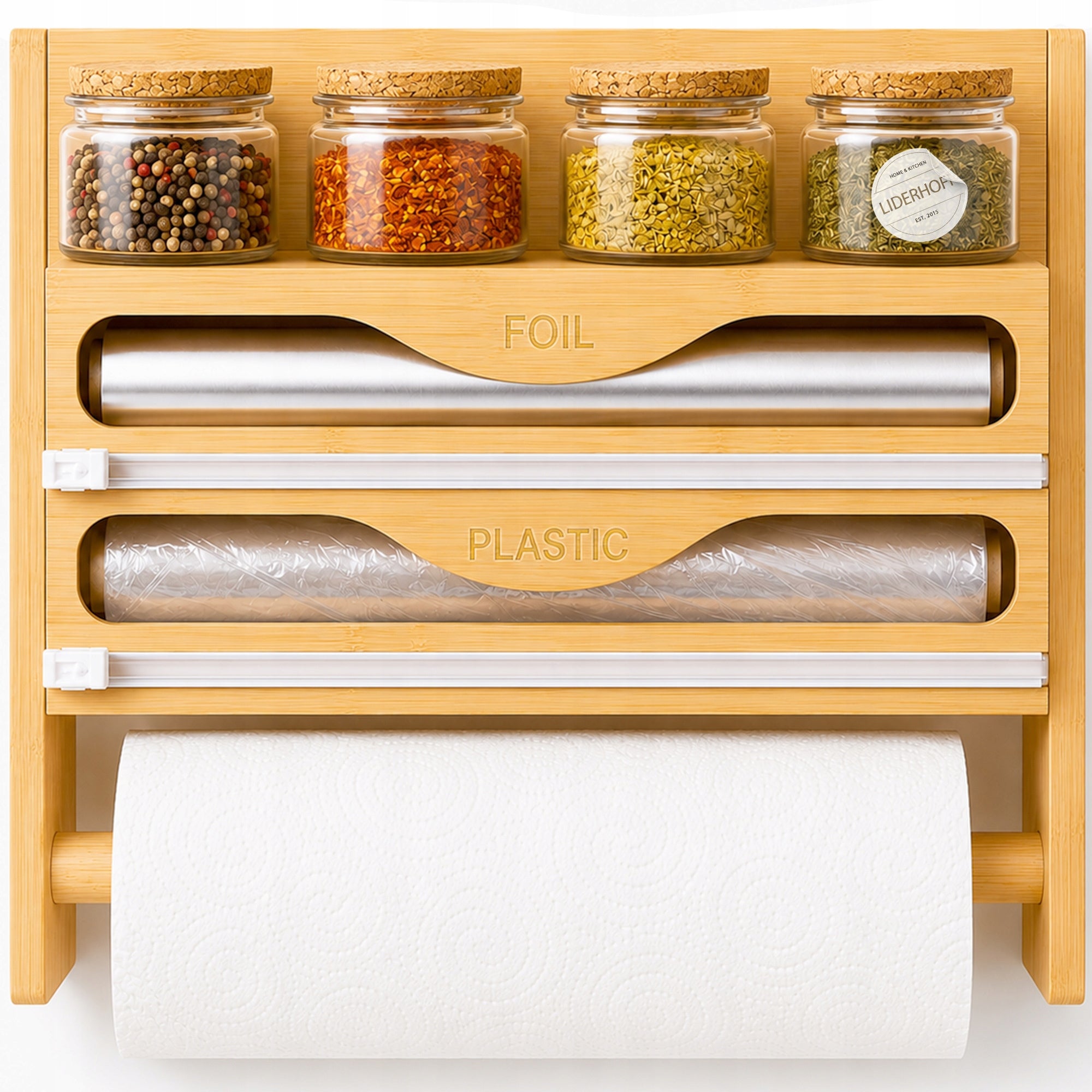 BAMBOO KITCHEN ORGANIZER 4in1 TOWEL HOLDER FOIL SPICE SHELF