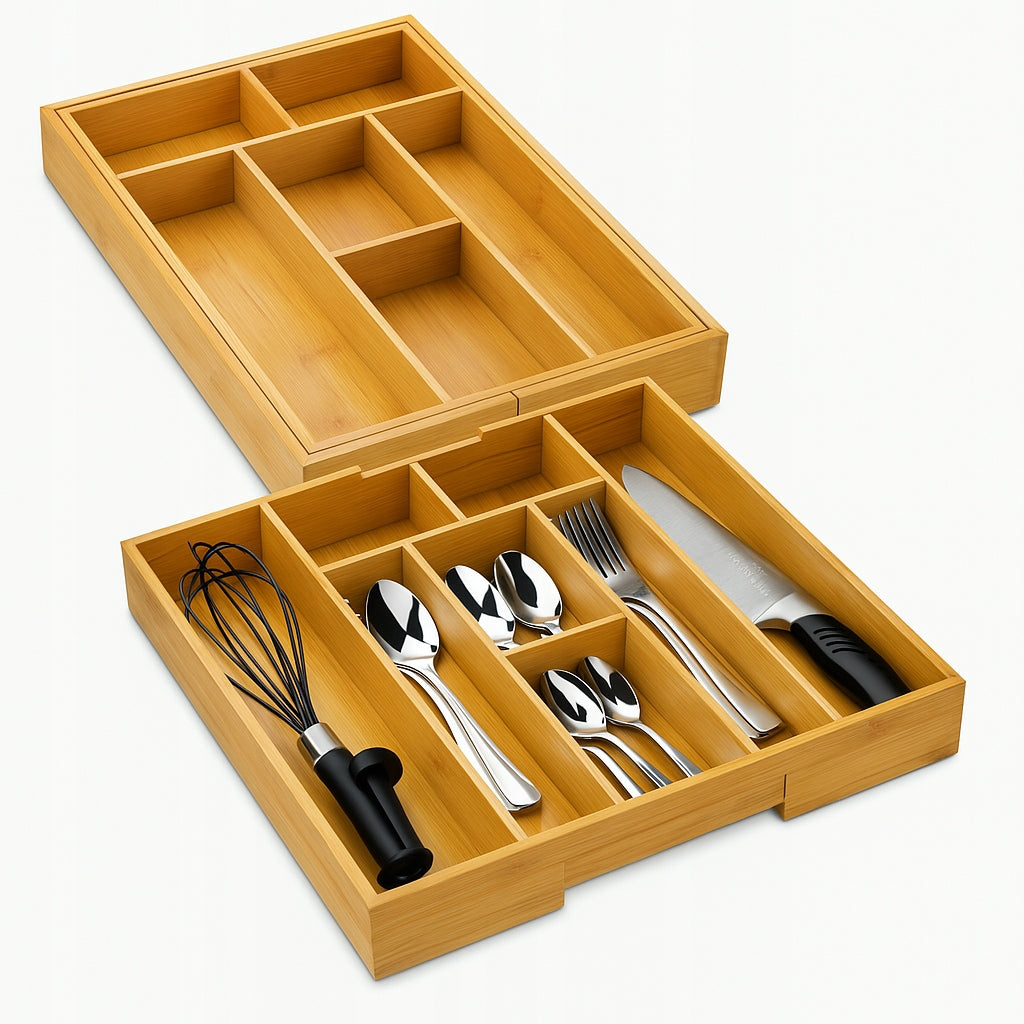 BAMBOO ORGANIZER FOR UTENSILS CUTLERY FOR DRAWER INSERT ADJUSTABLE BAMBOO