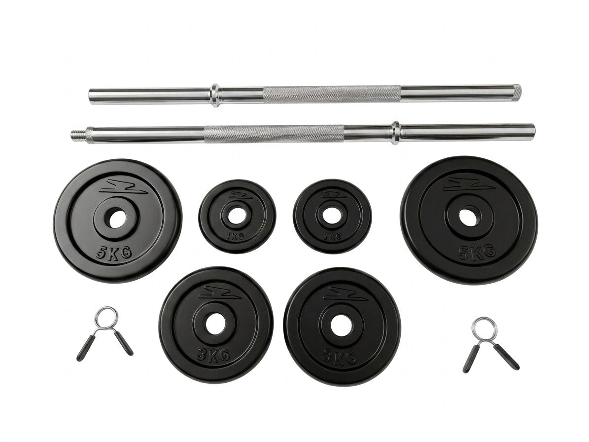 BARBELL BODYBUILDING SET CAST IRON LOAD 26KG NECK SUITCASE CLAMPS Packaging status original