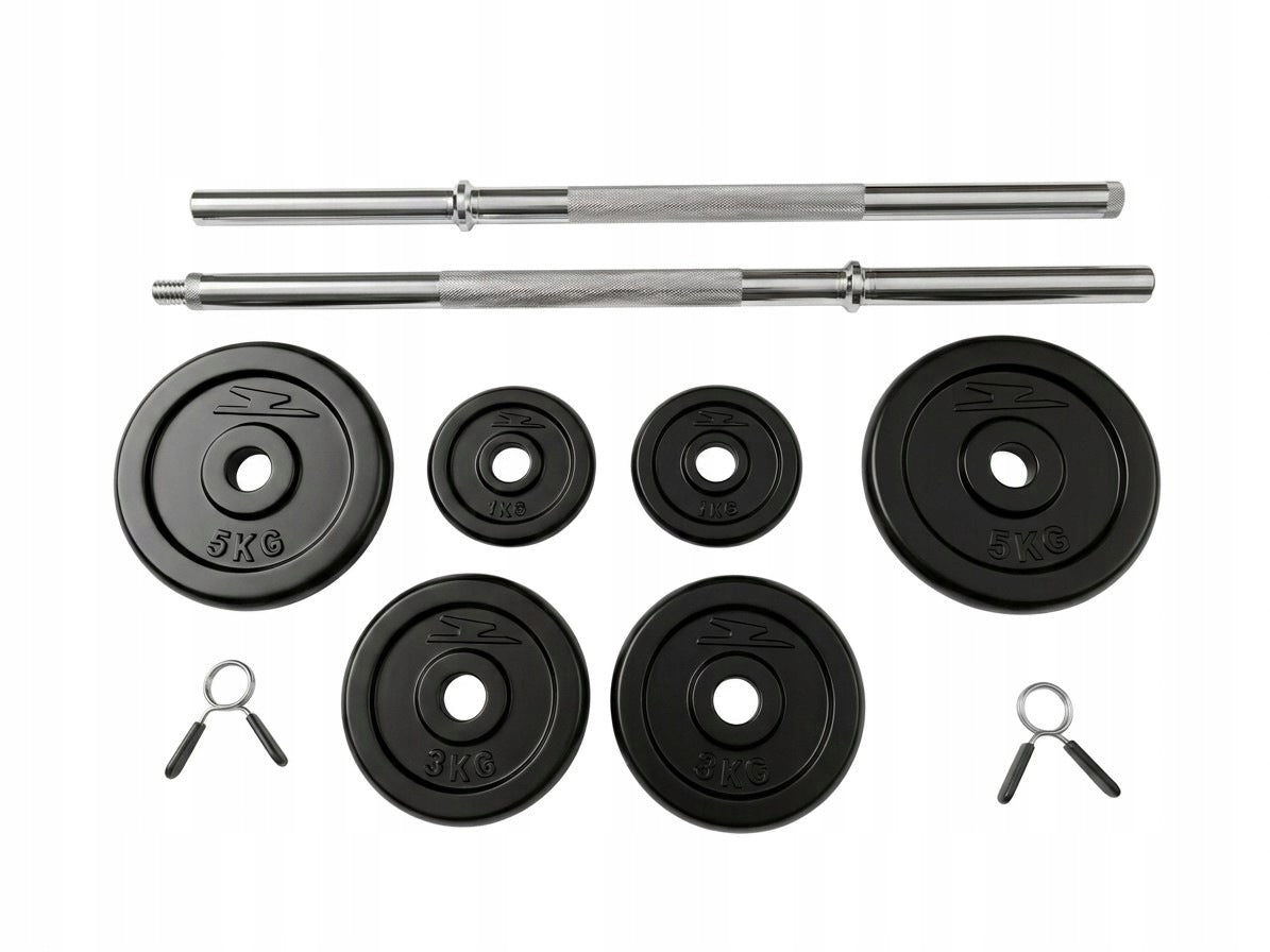 BARBELL BODYBUILDING SET CAST IRON LOAD 26KG NECK SUITCASE CLAMPS Packaging status original