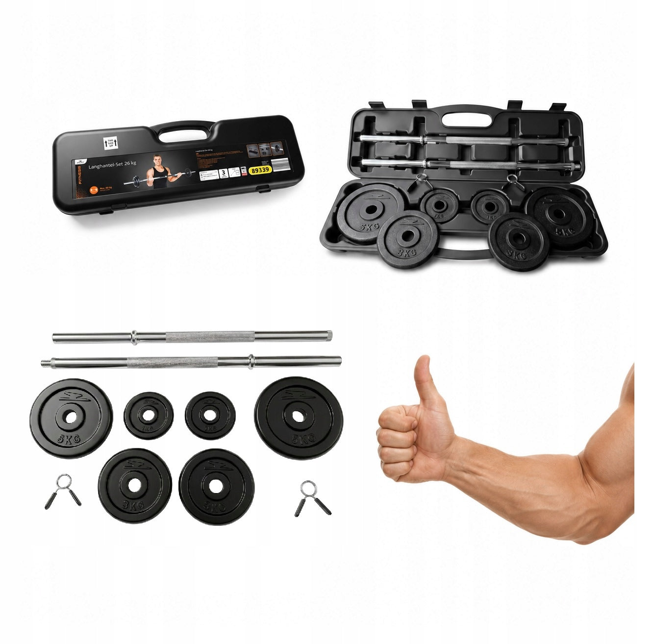 BARBELL BODYBUILDING SET CAST IRON LOAD 26KG NECK SUITCASE CLAMPS