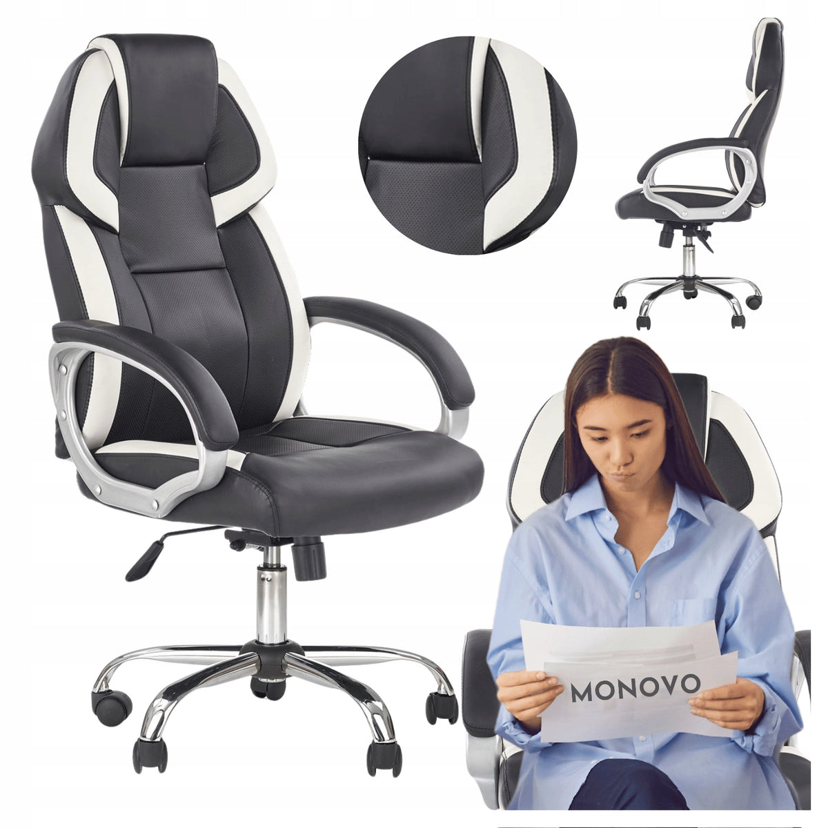 BARTON Desk Swivel Chair Black White Leather for Office Computer