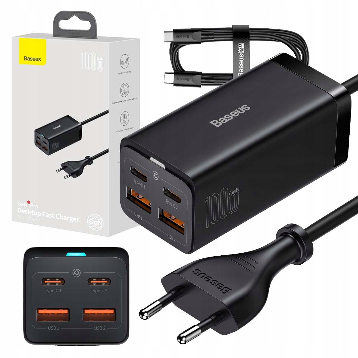 BASEUS FAST CHARGER GaN3 Pro 2x USB C USB 100W POWERFUL POWER SUPPLY
