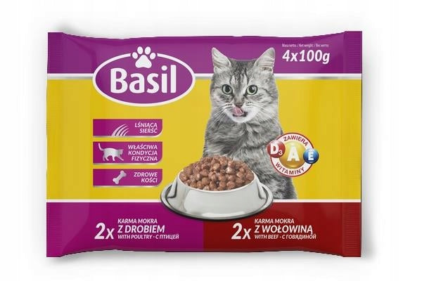 BASIL CAT FOOD SACHETS WITH POULTRY AND BEEF 4X100G