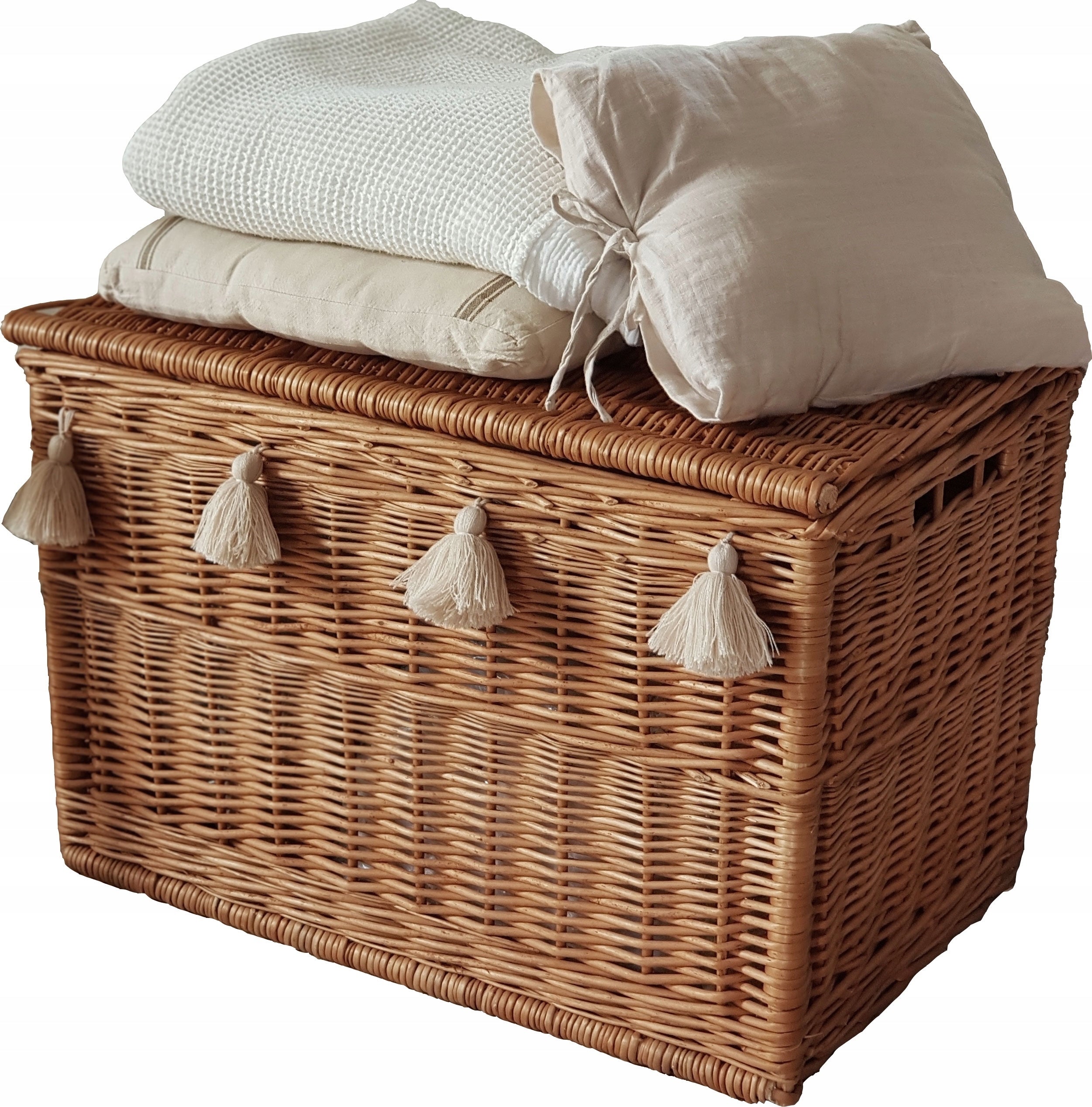 BASKET TRUNK WICKER CHEST NATURAL TASSELS