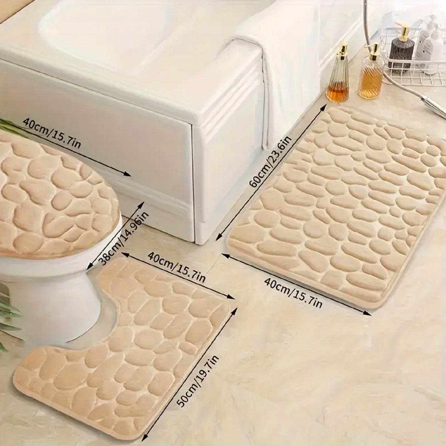 BATHROOM RUG 3PCS BEIGE SET SOFT NON-SLIP NICE Length 60 cm