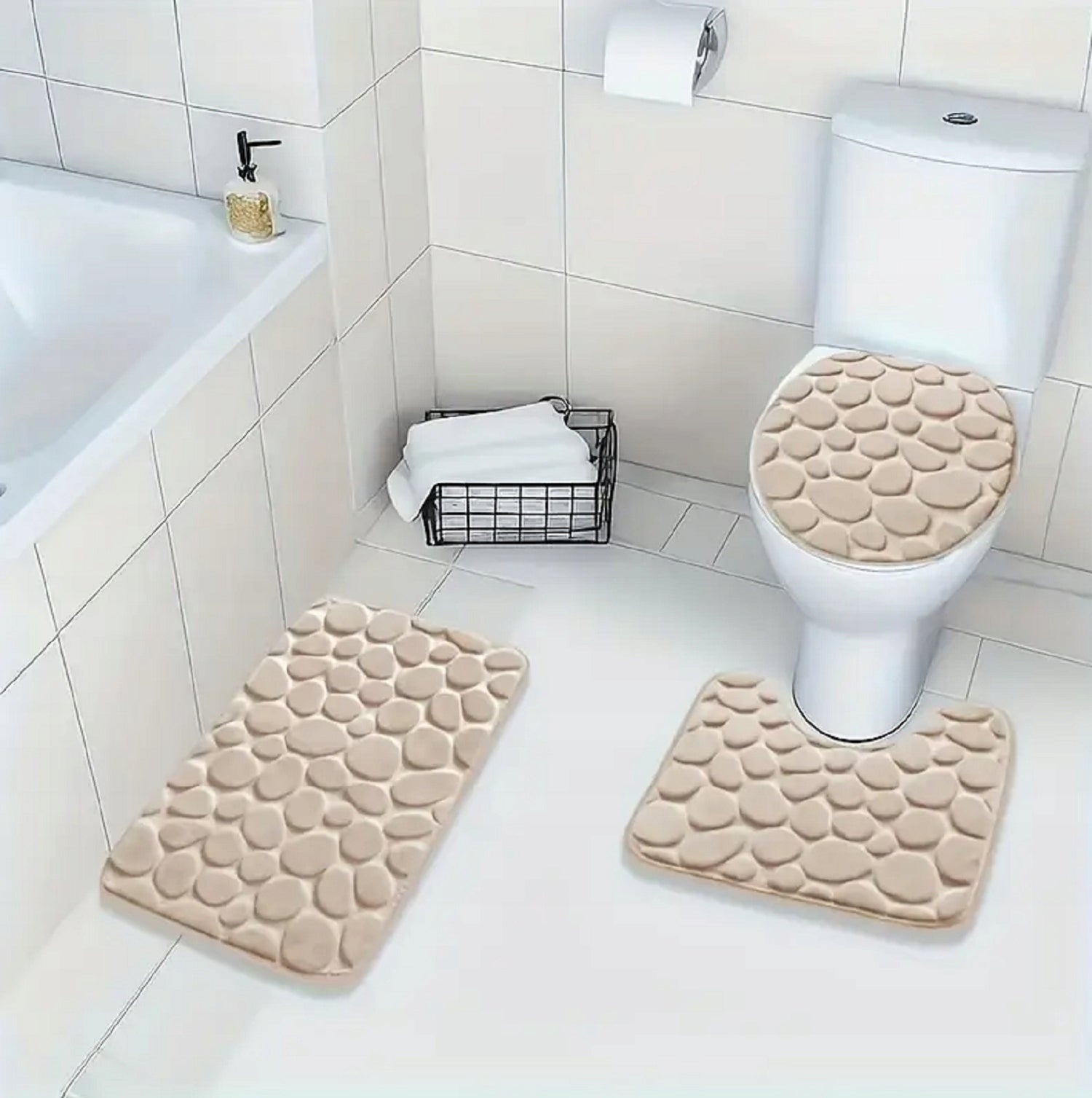 BATHROOM RUG 3PCS BEIGE SET SOFT NON-SLIP NICE Packaging status original