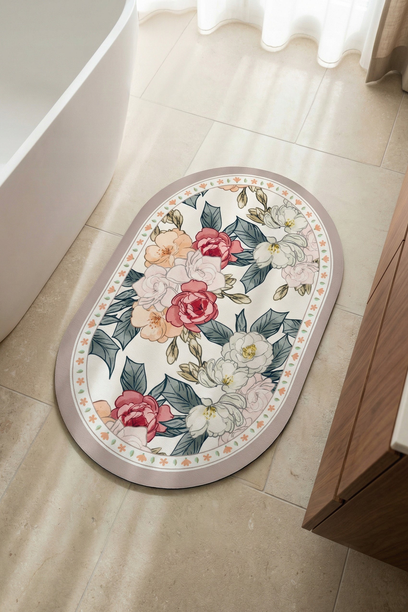 BATHROOM RUG NON-SLIP 50x80 THICK ABSORBENT BEIGE WITH FLOWERS Length 50 cm