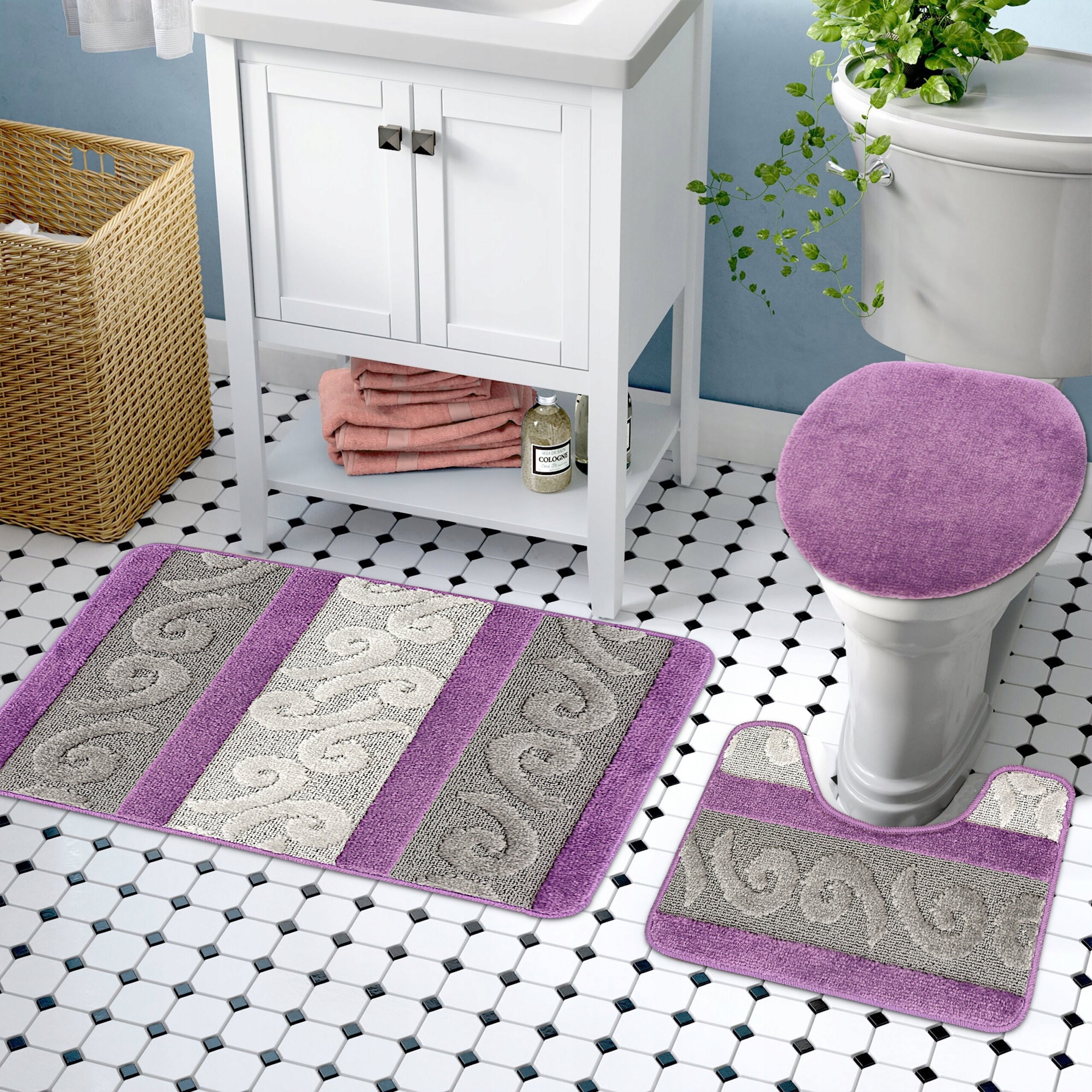 BATHROOM RUG NON-SLIP SET OF 3 50X80 LARGE GREY PURPLE Manufacturer code Dywanik łazienkowy Antypoślizgowy komplet 3