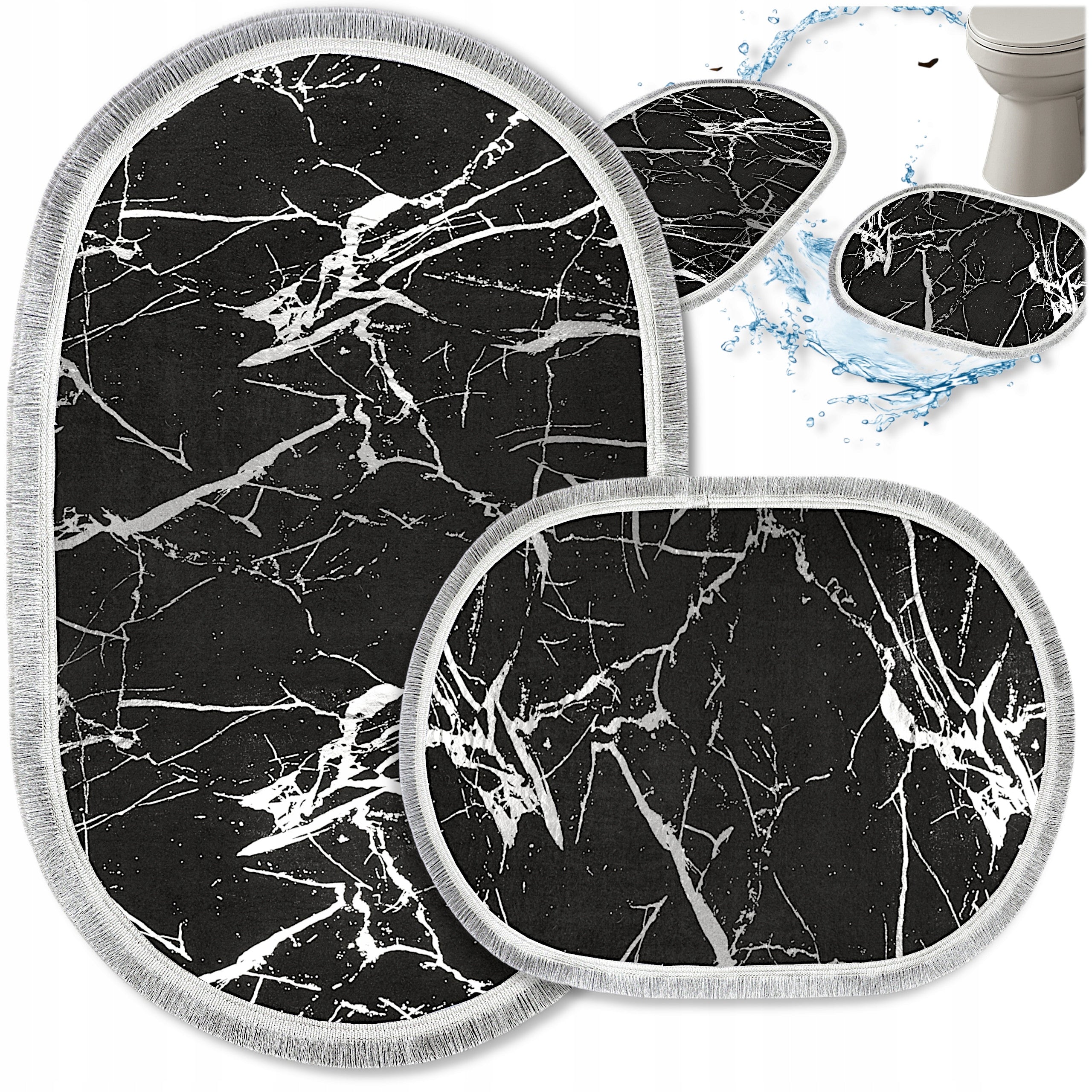 BATHROOM RUGS 2 PIECE NON-SLIP 60x100 BLACK SILVER OVAL